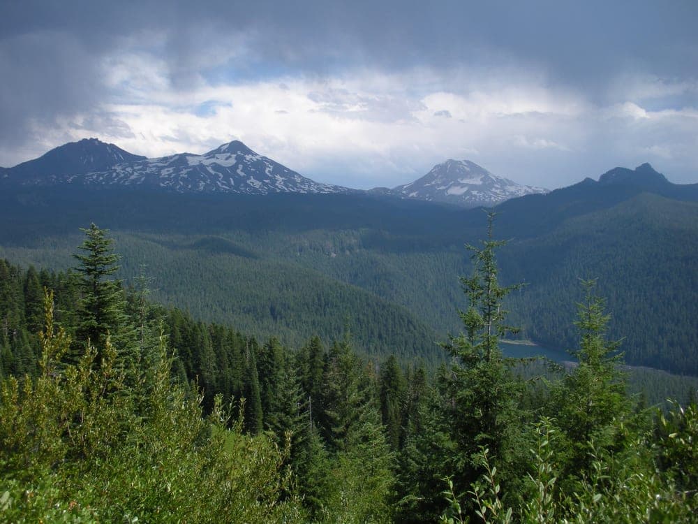 Storm clouds over snow-capped peaks above a dense evergreen forest